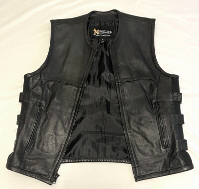 Mens Xelement Black Heavy Leather Biker Motorcycle Vest with