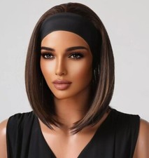 Mixed Brown Short Straight Synthetic Headband Wigs for Black Women Bob Hair Wigs