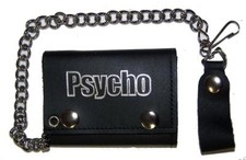 PSYCHO letters word TRIFOLD BIKER WALLET W heavy CHAIN mens LEATHER 647 new