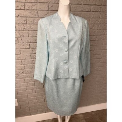 Leslie Fay Women Blue Floral Embossed Skirt Suit Size 12P
