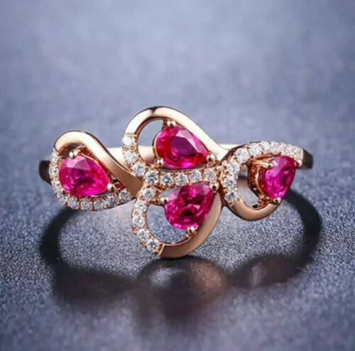 Lab-Created Ruby 2.10Ct Pear Woman Cluster Engagement Ring 14K Rose Gold Plated - Picture 1 of 8
