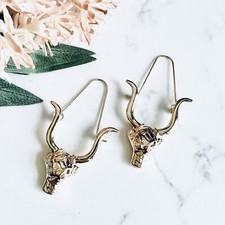 Longhorn Bull Head Earrings Drop Dangle Gold Tone Southwest Boho Steer NEW