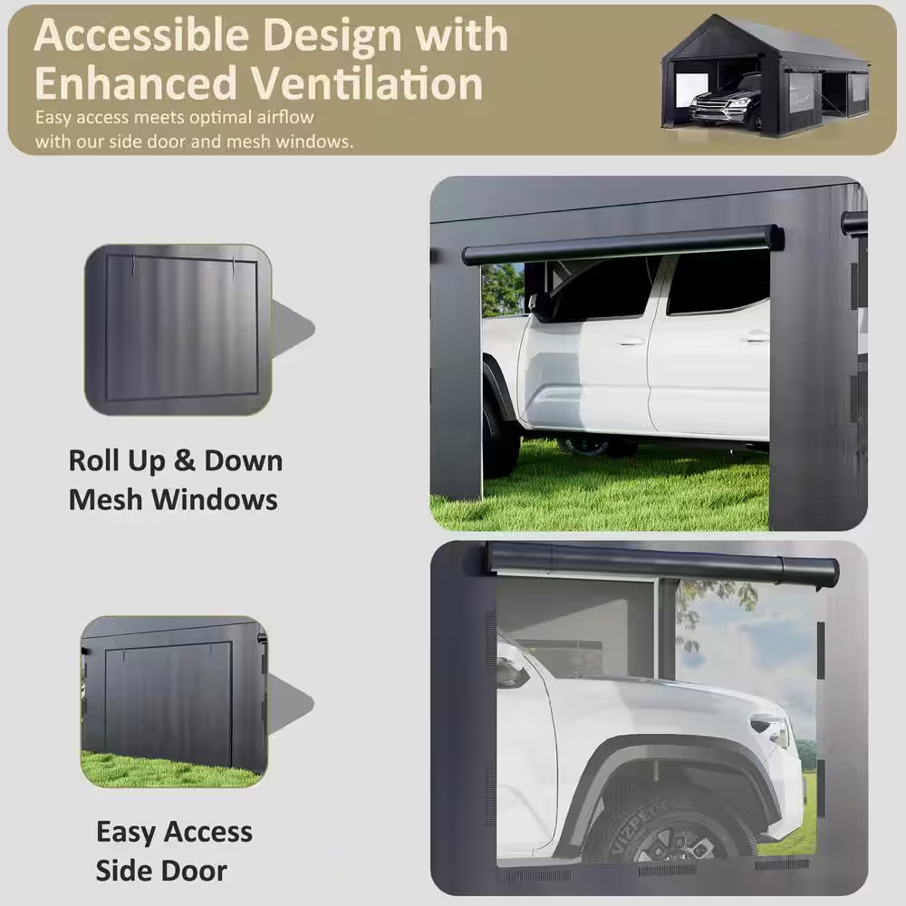 12 Ft. X 20 Ft. Heavy-Duty Portable Carport with Side-Opening Door, Roll-Up Wind