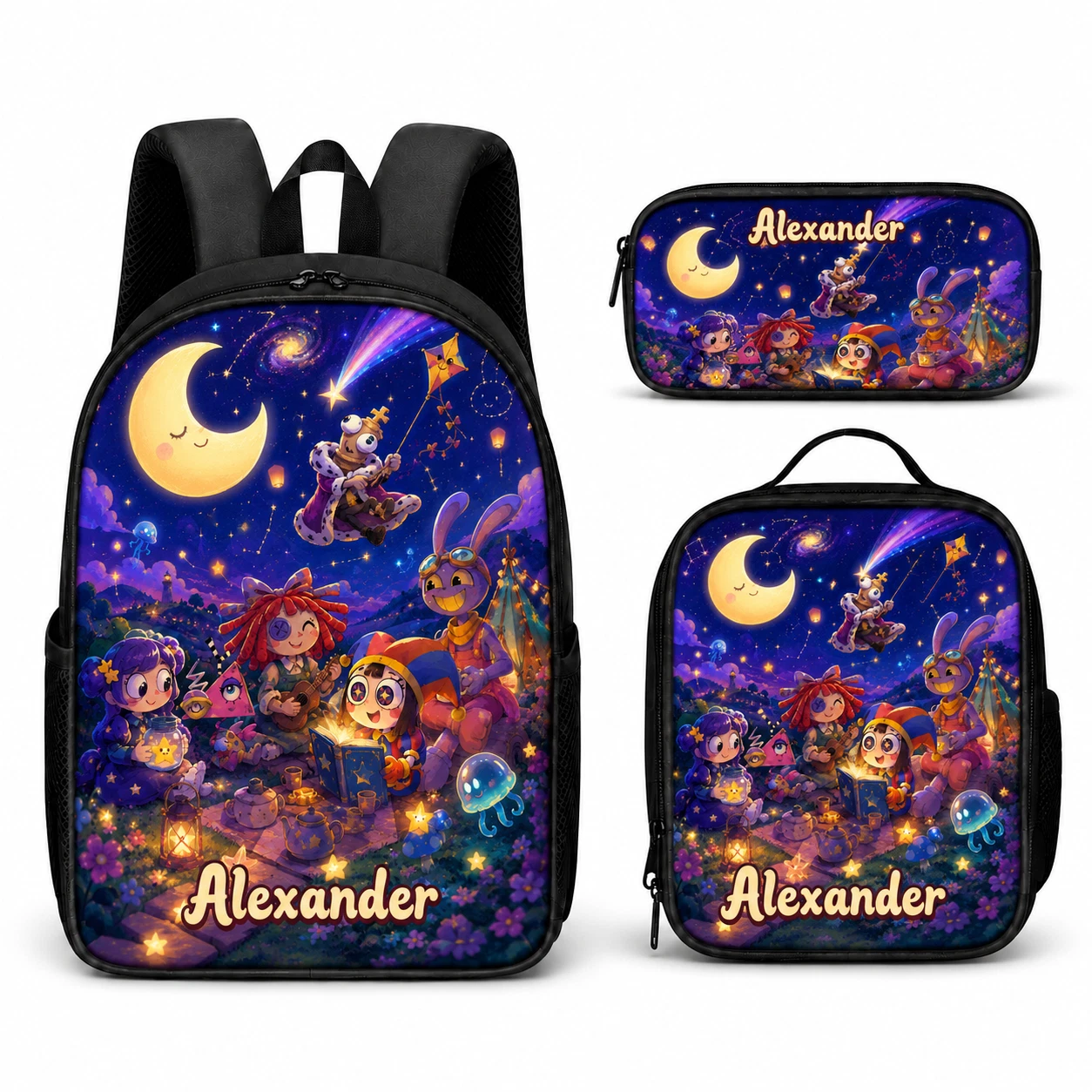 Personalized Magic Night Sky Kids Backpack Set Custom Name School Bag Lunch Box