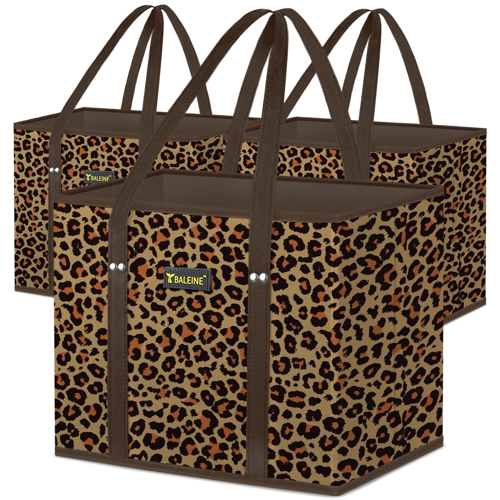 BALEINE 3Pk Reusable Grocery Bags, Foldable Shopping Bags for 3 Pack, Leopard