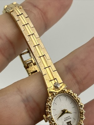 Vtg PULSAR Ladies 15mm Watch Gold Tone Black Dial 4 Diamond  display picture 3