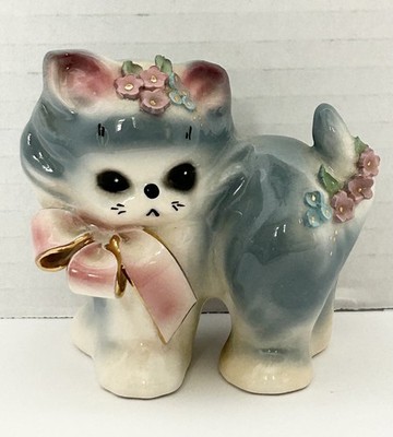 Vintage Josef Originals Puff Persian Cat California Blue Pastel Flowers Pink Bow