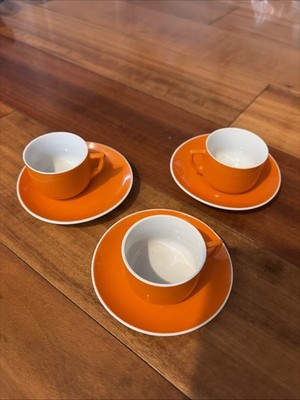H SABET Best Porcelain set of 3 Demitasse Cup & Saucer Set Orange Japan Vintage