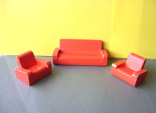 Dolls House Furniture Wooden Sofa & Armchairs Art Deco Style Vintage 1950's 1/16
