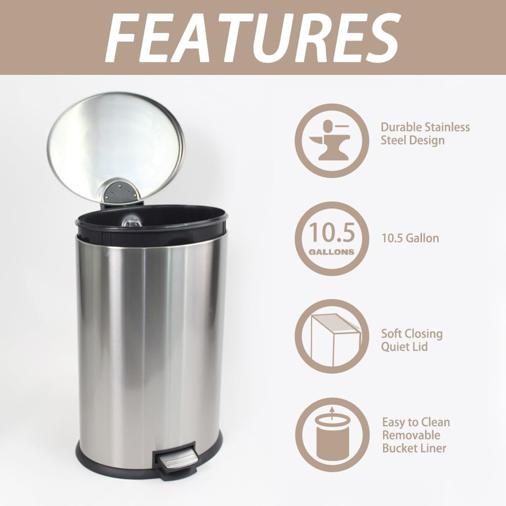 Trash Can with Lid - Assembled in USA 40 Liter/10.5 Gallon Stainless Steel Trash