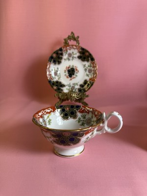  Vintage Ästhetische Tasse & Untertasse Blau Rot & Gold Unmarkiert ¿Coalport? Chinesischer Mot