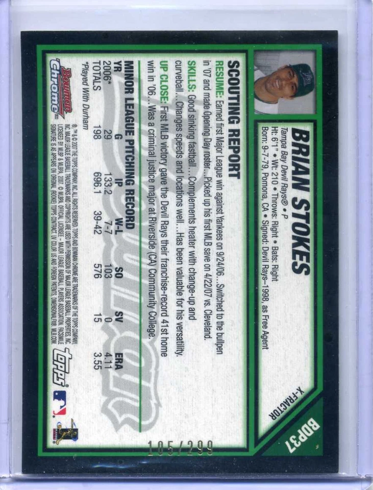 BRIAN STOKES 2007 Bowman Draft CHROME XFRACTOR #105/299 - DEVIL RAYS - Image 2 of 2