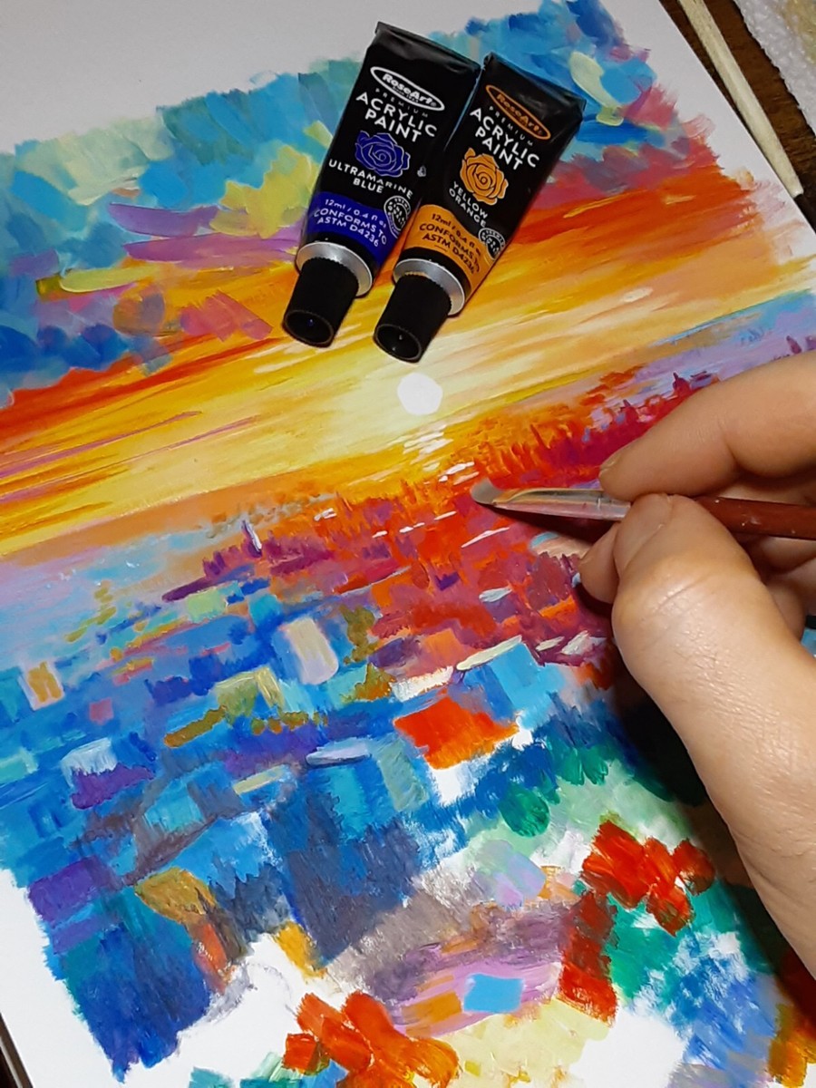 Original Art Colorful Sunset over City painting 8