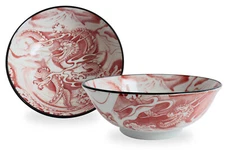 Mino ware Japanese Ceramics Ramen Noodle Donburi Bowl Dragon and Mt. Fuji Red