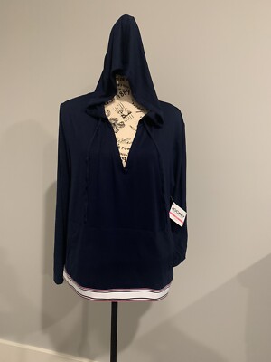 Women S Jockey V Neck Hoodie Size Xl Lightweight Long Sleeve 2 Pockets Navy Ebay