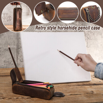 Genuine Leather Pencil Bag Double Zipper Pen Case Cowhide Storage Pouch Vintage