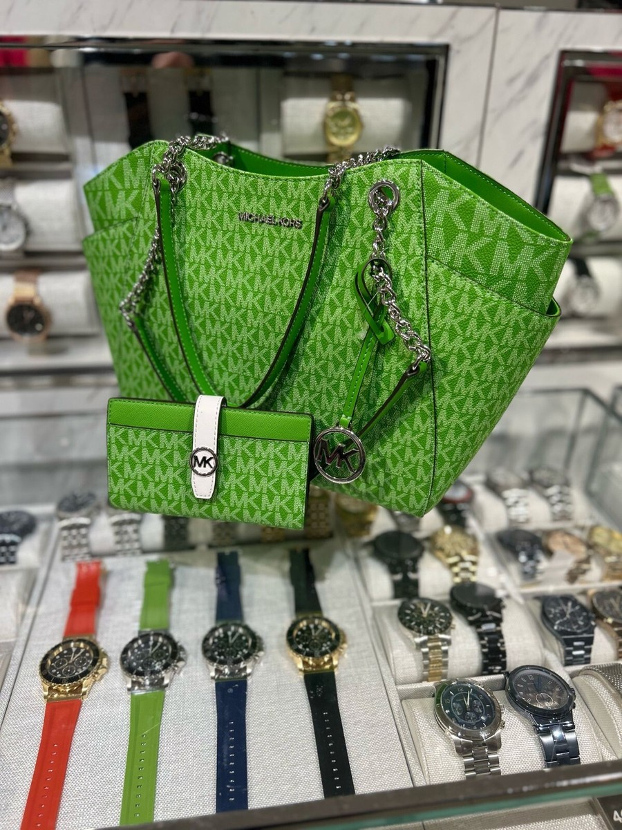 【新品•未使用】MICHAEL KORS サッチェル グリーン ハンドバッグ Michael Kors Large Tote Handbag Shoulder Purse Bag + Bifold Wallet