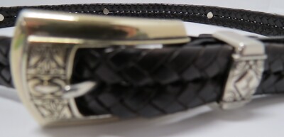 Black Braided Brighton Leather Belt with Silver Buckle Size L Brighton Braided Black Faux Leather Belt w Large Curlicue  main image 2
