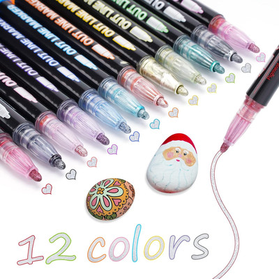 Shimmer Outline Markers - 12 Colors Metallic Glitter Pens for Teen Girl Trendy S