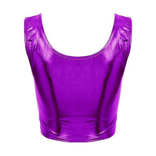 Women Tank Crop Top Shiny Metallic Scoop Neck Vest Fashion Bustier Blouse Shirt - Picture 32 of 114
