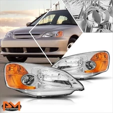 For 01-03 Honda Civic 2/4-Dr Chrome Housing Headlight Amber Corner Signal Lamps