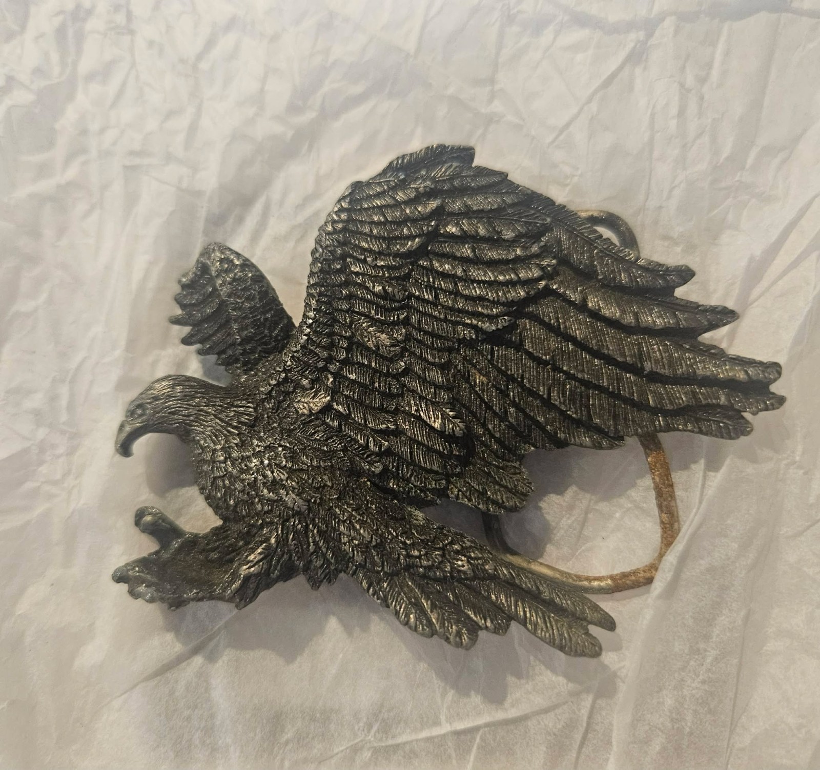 Vtg Bergamot Brass Works Bald Eagle Belt Buckle Trucker Silver Metal 1980s USA