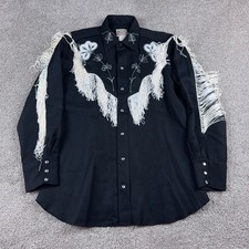 VINTAGE H Bar C Shirt Mens Large Black Fringe Western Peal Snap Embridered