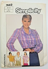 VTG 80s Simplicity Sew Pattern 7662 Misses Yoked Buttoned Shirts Size 6-8 UNCUT