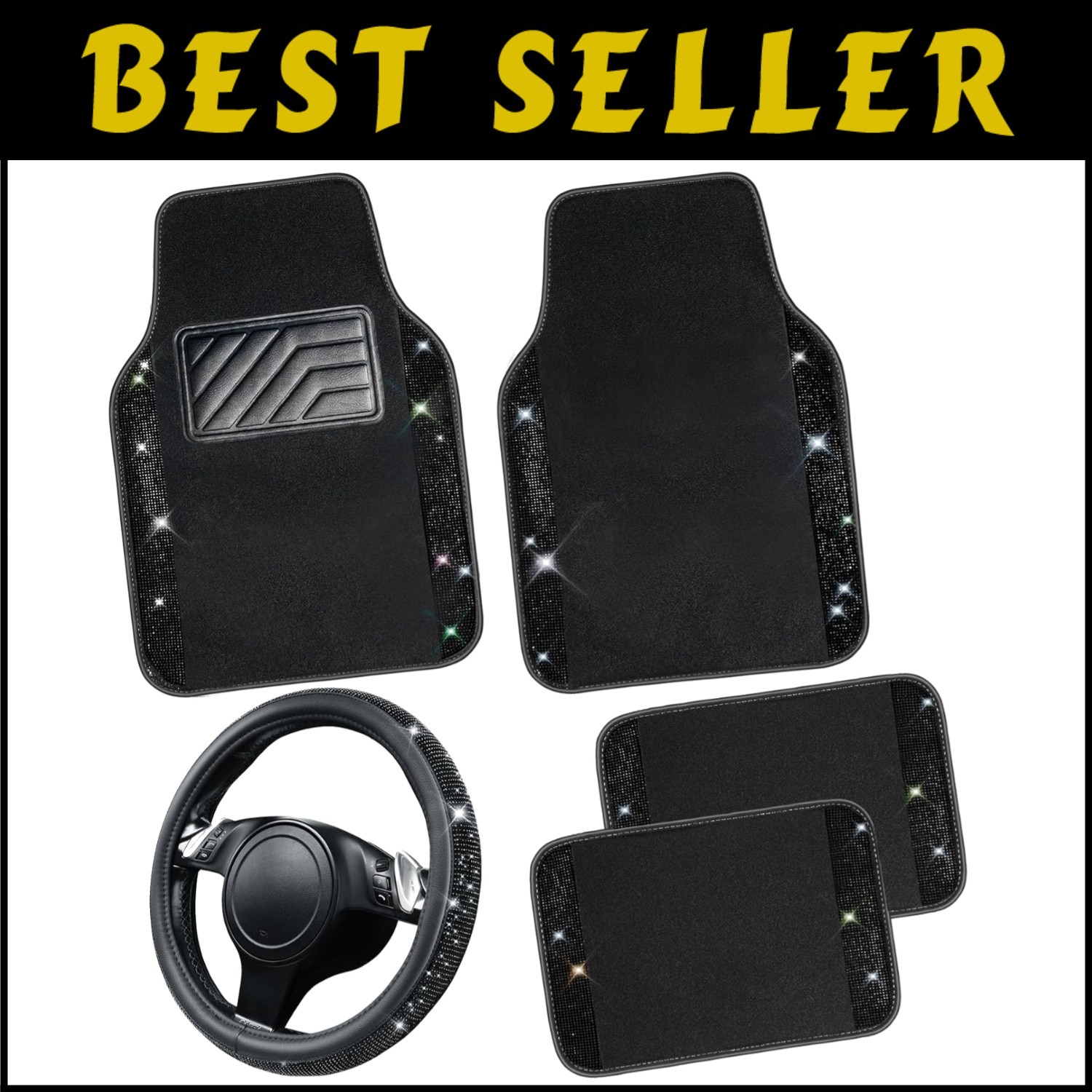 5pc Black Rhinestone Car Mats & Steering Wheel Cover - Anti-Slip and Waterproof