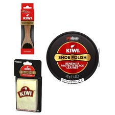 Kiwi Black Shoe Polish Care Kit 1.13oz  Applicator Brush  2 Shine Cloths