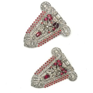 Vintage Art Deco Pair Dress Clips Red and Clear Rhinestones Duette Style 1930s