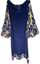 African Ankara Navy Fitted Puff Sleeve Stretchy Knee High Dress Women  s M-L
