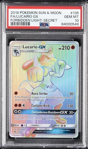 2018 POKEMON SUN & MOON FORBIDDEN LIGHT SECRET #135 FULL ART/LUCARIO GX PSA 10