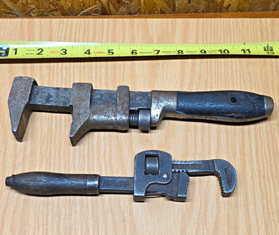 Lot of 2 Vintage Adjustable Plumbing Pipe Wrenches with Wooden Handles