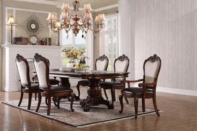 New 7PC Formal Brown Cherry Finish Wood Dining Table Set
