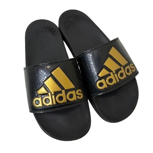 Adidas Adilette Comfort Women’s Size 7 Black Gold Metallic Slides Y2K fashion