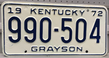 1972 NOS Kentucky License Plate 990-504 Grayson