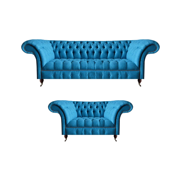 Edle Himmelblaue Chesterfield Garnitur Designer 3-Sitzer Zweisitzer Set-image