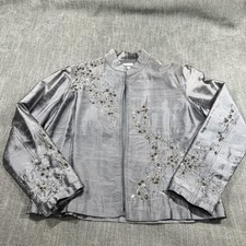 Chico's Jacket W Med Sz 1 Silver Silk Embellished Evening Party Glam Wedding MOB
