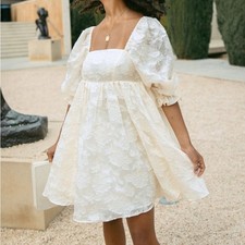 Storia Embroidered Lace Babydoll Dress Puff Sleeve Mini Ivory Cream Size Medium