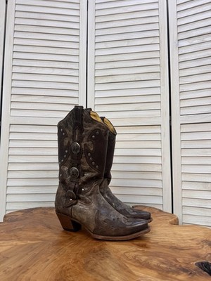 Vintage Men s Cowboy Boots Distressed Brown Leather Harness US 9