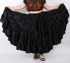 Women Casual Tribal Belly Dance Satin 4 Tiered, Flamenco Black long Maxi Skirt