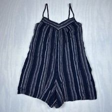 Uniqlo Women’s Striped Navy and White Spaghetti Strap Linen Romper Size: Small