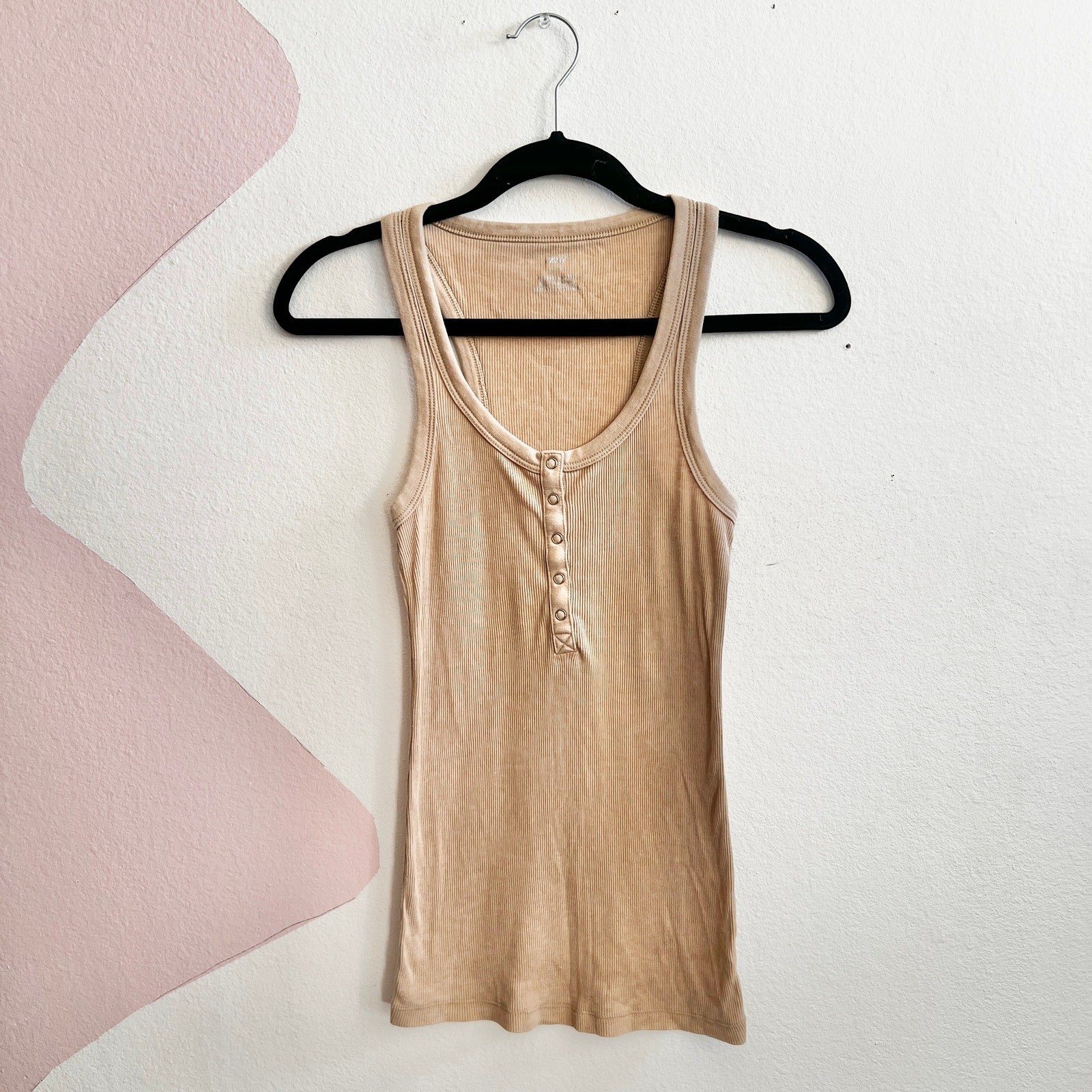 Aerie Beige Ribbed Henley Tank Top, Casual Minimalist Soft Girl Small