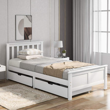 Image of Single Bed Frame Storage Drawers Solid Pine Slatted Base Sturdy White Wood