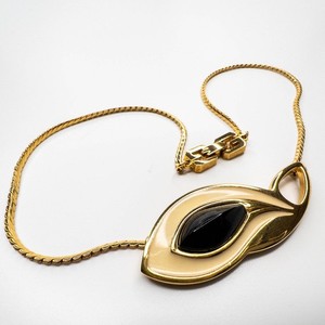 Authentic VTG 1981 Bijoux Givenchy Pendant Necklace Gold Plated Lily Shape Black Stone