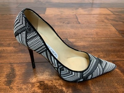 Jimmy Choo White Black Geometric Woven Pump Heels, Size 37 | 7