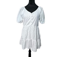 Zara Basic White Cottagecore Basic Puff Sleeve Dress Embroidered Floral Size M
