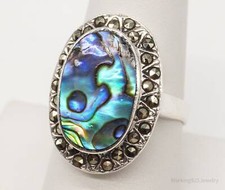 Vintage Paua Abalone Shell Marcasite Sterling Silver Ring - Size 8.5