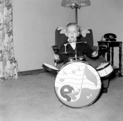SQ296 Original photo NEGATIVE 2 1/4" 1950s ? kid bowtie drum set music - Picture 1 of 1